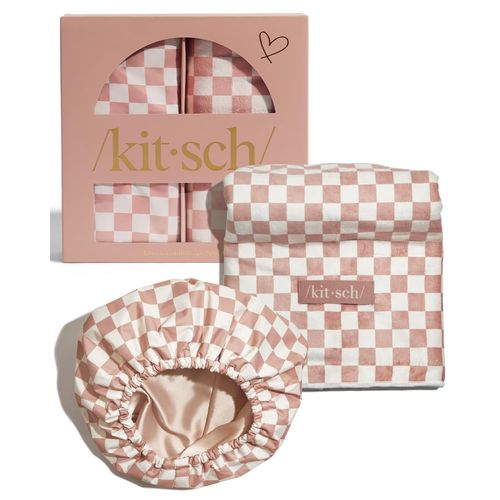 Kitsch Love & Comfort 2PC Spa Set - Satin Lined Reusable Waterproof Shower Cap and XL Quick Dry Hair Towel Wrap for Women, Microfiber Towel, Flexi Shower Cap For All Hair Types - Terracotta Checker