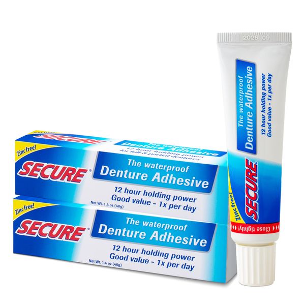 Secure Waterproof Denture Adhesive - Zinc Free - Extra Strong 12 Hour Hold - 1.4 oz (Pack of 2)