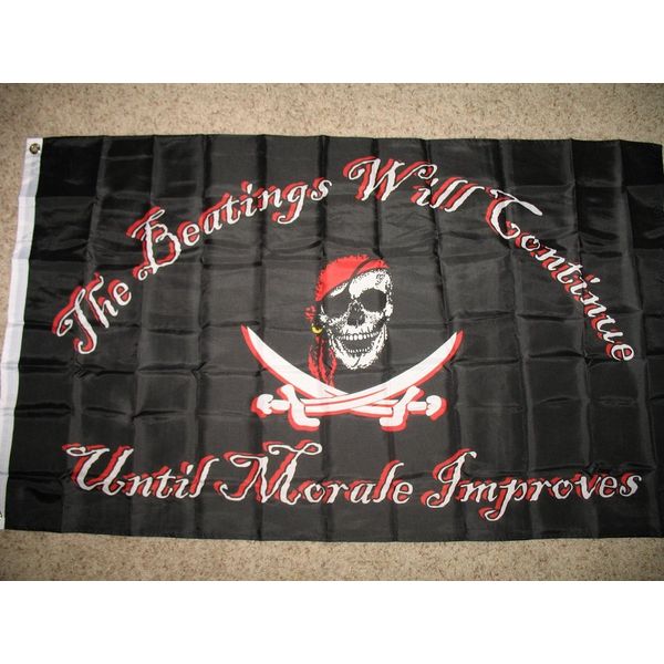 Jolly Roger Pirate The Beatings will Continue Until Morale Improves Flag 3x5 Banner