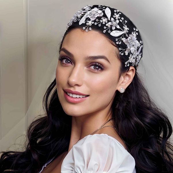 AMORARSI Wedding Headband Handmade Rhinestone and Alloy Flower Bridal Headpieces for Wedding Crystal Hair Accessories for Women and Girls