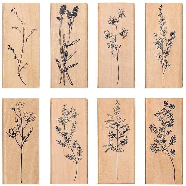 Dizdkizd 8 Pieces Wood Mounted Rubber Stamps, Plant and Flower Decorative Wooden Rubber Stamp Set for DIY Craft, Diary and Craft Scrapbooking