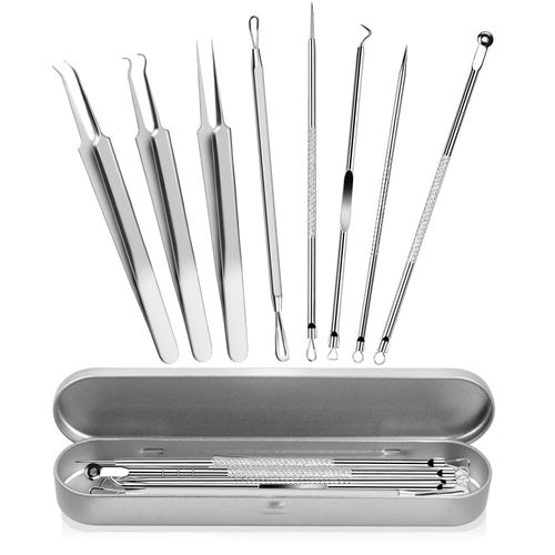 Jinlaili Blackhead Remover Set, Stainless Steel, Comedone Squeezer, Blackhead Remover, Blackhead Remover, Pimple Squeezing Tool, Metal Box, Silver