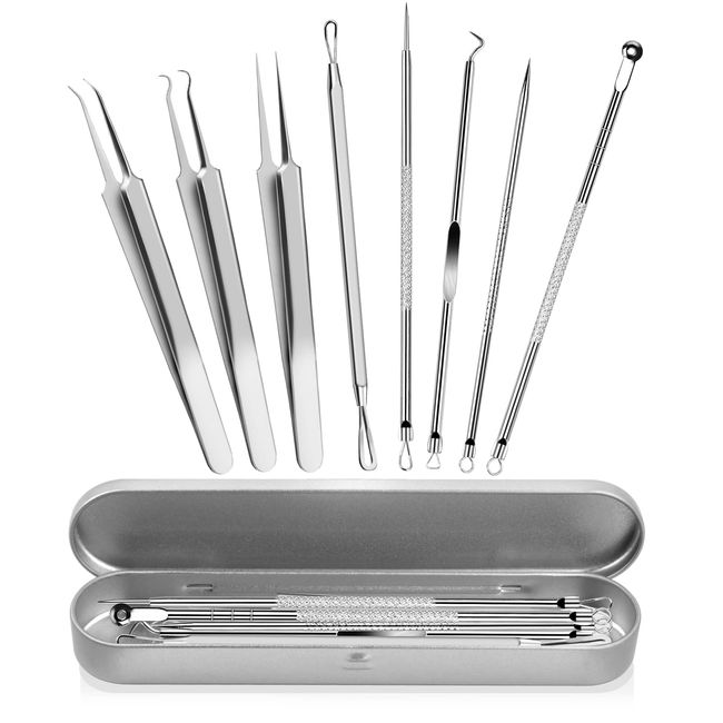 Jinlaili 8PCS Mitesserentferner, Mitesserentferner Set Edelstahl, Komedonenquetscher, Blackhead Remover, Mitesserentferner Pickel Ausdrücken Werkzeug für Akne Blackheads, mit Metall Box