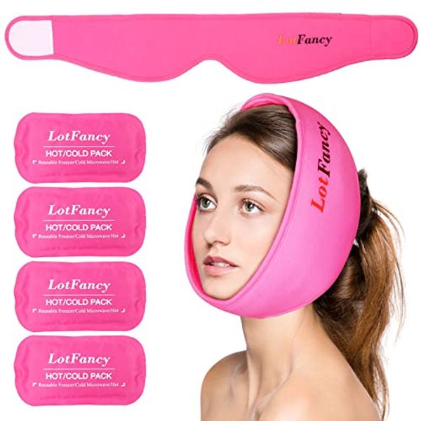 LotFancy Hot and Cold Gel Pack for Injuries Reusable Ice Heat Packs for Migraine Wisdom Tooth Pain Relief, Adjustable 4 Compress for Kids Adults Pink