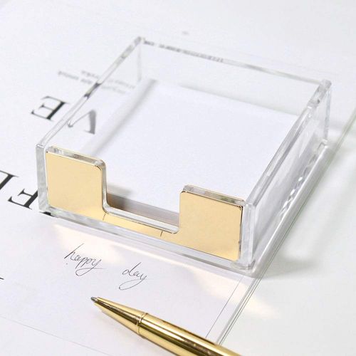 Buqoo Acrylic Sticky Notes Pad Holder Desktop Organizer 3.5x3.3 Inch Memo Holder for Office Home Desk Supplies(Gold)