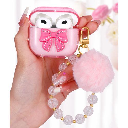 Boaretiu for Airpods 3 Case for Women Girls Girly Cute Kawaii - Girlish Stylish Shell Pompon Design Cover with Carabiner and Airpods Gen 3