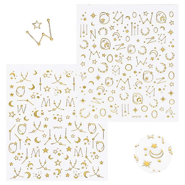 Just Apply - Gold Line Star & Moon Nail Stickers - Gel Nail Resin Embedded Nail Art (2 Months & Stars)