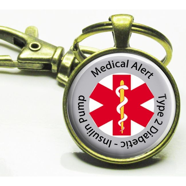 Type 2 Diabetic Medical Alert Insulin Pump Key Chain Glass Top Key Ring