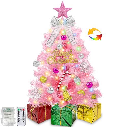 Valentines Day Decorations 24 Inch/2FT Pink Small Valentines Tree Decor,Warm White&Colored Lights Timer Remote Control Orantments Gift Boxes 8 Mode Artificial Mini Tabletop Tree Valentines Day Decor