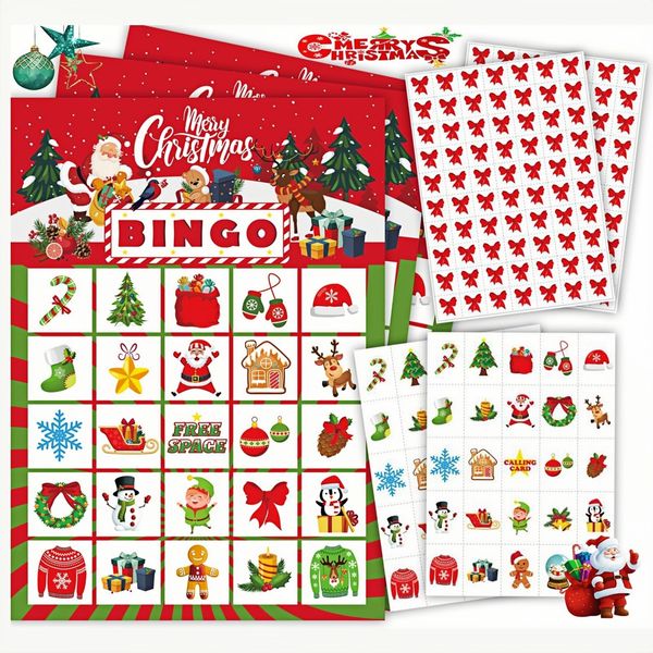 DimiGlobal 24 Christmas Bingo Game Cards for Kids Christmas Party Paper Bingo Cards Bulk,School Classroom Games,Christmas Party Bingo Supplies,Family Bingo Games Cards,Xmas Party Favors