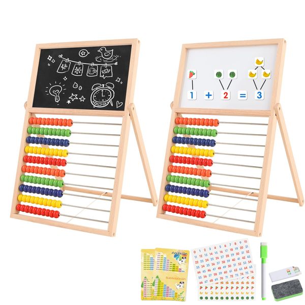 Ranqibo Wooden Abacus for Kids Math - Double-Sided Blackboard Whiteboard Magnetic Abacus for Toddlers 1-3 with 100 Magnetic Number & Fruit Stickers - Educational Counting Games Kids Gift