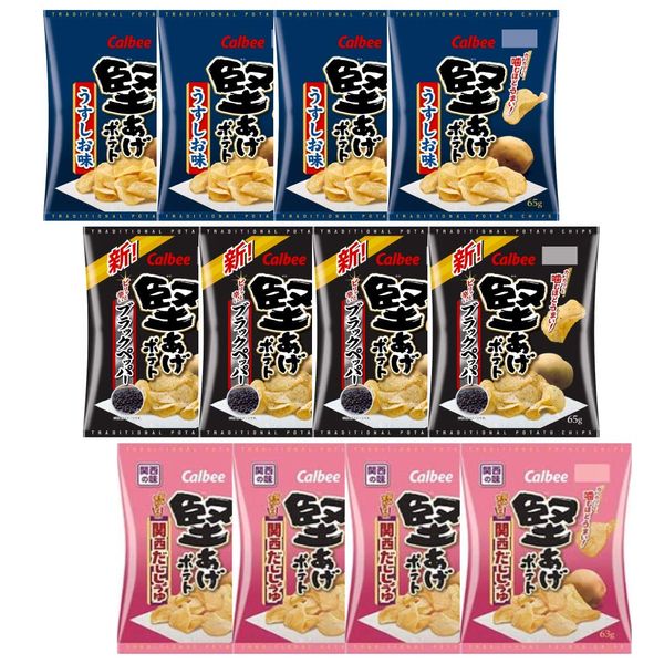 Calbee Kataage Potato, Kansai Dashi Soy Sauce, 2.4 oz (63 g) x 4 Bags, Black Pepper, 2.4 oz (65 g) x 4 Bags, Light Flavor, 2.4 oz (65 g) x 4 Bags, Crispy Comparison Set