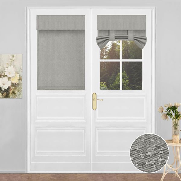 PureFit 100% Blackout French Door Curtains for Door Window Set of 2, Patio Glass Door Curtain Shade Covering for Privacy Tie Up Linen-Like Kitchen Insulated Drapes, W26 x L40 Inch, Light Gray