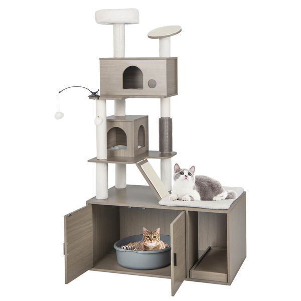 Cat Tree with Litter Box Enclosure 2-in-1 Modern Cat Tower with Double Condos