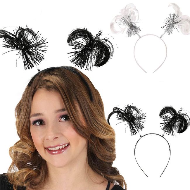 Foyte 2 Pieces Pom Pom Headband Tinsel Wrapped Ponytails Hair Hoop Head Bopper Pom Party Headpiece for Cosplay Costumes (black white)