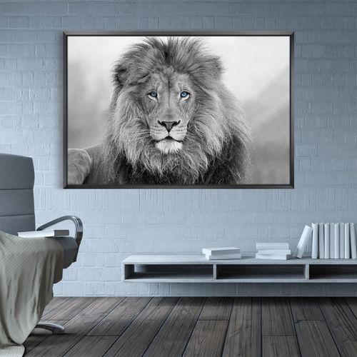 Black and White Blue Eyed Lion Print Wall Art Canvas. Printed Smooth Surface Home Decor - Various Sizes (36in x 24in Gallery Wrapped)
