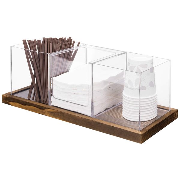 MyGift Modern Modular Coffee and Tea Station Organizer with 3 Removable Premium Clear Acrylic Compartments and Rustic Burnt Solid Wood Decorative Tray, 4 Piece Set