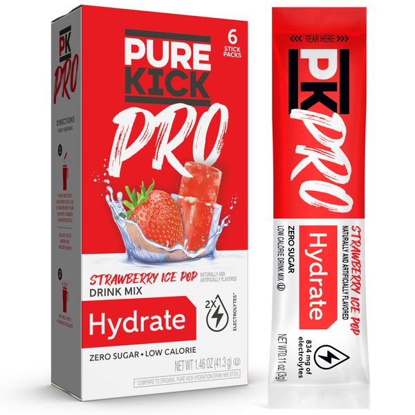 PURE KICK PRO Hydration Electrolyte Drink Mix, Strawberry Ice Pop, Includes 1 Box with 6 Packets in Each Box