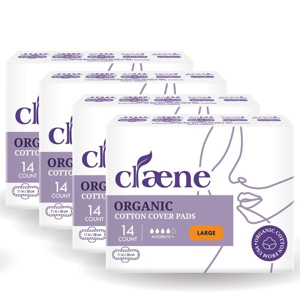 Claene Organic Cotton Cover Pads, Cruelty-Free, Menstrual Large Pads for Women, Unscented, Breathable, Vegan, Natural Sanitary Napkins with Wings (Large, 4 Pack, Total 56)
