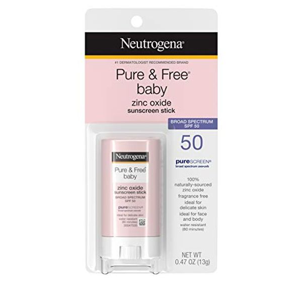 Neutrogena Pure & Free Baby Mineral Sunscreen Stick with Broad Spectrum SPF 50 & Zinc Oxide, Water-Resistant, Hypoallergenic, Paraben-, Dye- & PABA-Free Baby Face & Body Sunscreen, 0.47 oz