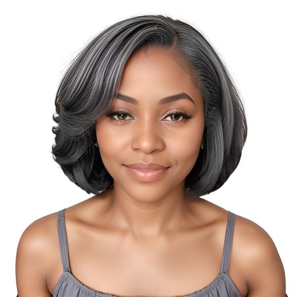 HANASCC Salt and Pepper Wigs for Women 10" Glueless Grey Short Bob Wigs Pre Plucked Body Wave Gray Human Hair Wig Pre Cut 5x5 HD Transparent Grey Glueless Lace Front Wigs for Women