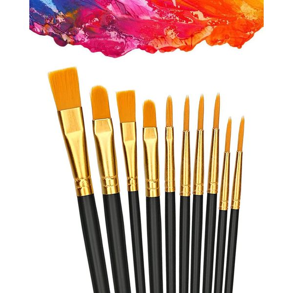 LIKENNY Painting Supplies Brushes Set of 10 Oil Painting Brushes Watercolor Brushes Acrylic Paint Flat Brush Round Nylon Bristle Painting Brush Short Brush for Adults & Kids (Black)