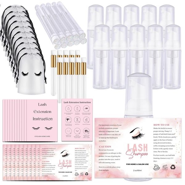 60PCS Lash Shampoo Bottles and Brushes Set, 10pcs Foam Pump Dispenser, Lash Cleaning Brush, Eyelash Extension Tube Brush, Instructions Cards, Bags, Lash Shampoo Stickers for Business Clients (B-white)