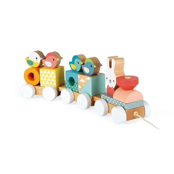 Janod Pure 2-in1 Stacking and Pull-Along Wood Train - Ages 1+ - J05157