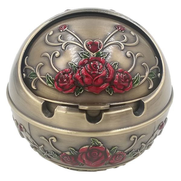 Honoro Windproof Ashtray with Lid for Outdoor and Indoor Use,Metal Portable Cigarette Ashtray,Ball Ashtray,Red Rose,Bronze