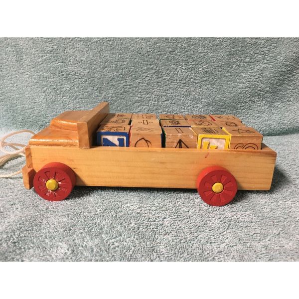 1950's Wooden Blocks Pull Car Wagon Alphabet Numeric Animal Blocks Toy Set of 15