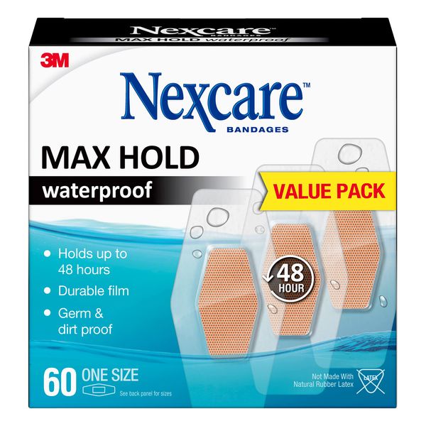 3M Max Hold Nexcare Waterproof Bandages: One Size 60 Count, 1.25 in. x 2.5 in. (Clear)