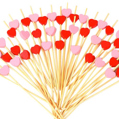 FOIMAS 200pcs Heart Cocktail Picks,Red Pink Heart Shaped Bamboo Toothpicks for Appetizers Fruit Food Cake Valentine's Day Party Wedding Decoration