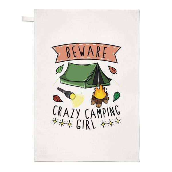 Beware Crazy Camping Girl Tea Towel Dish Cloth