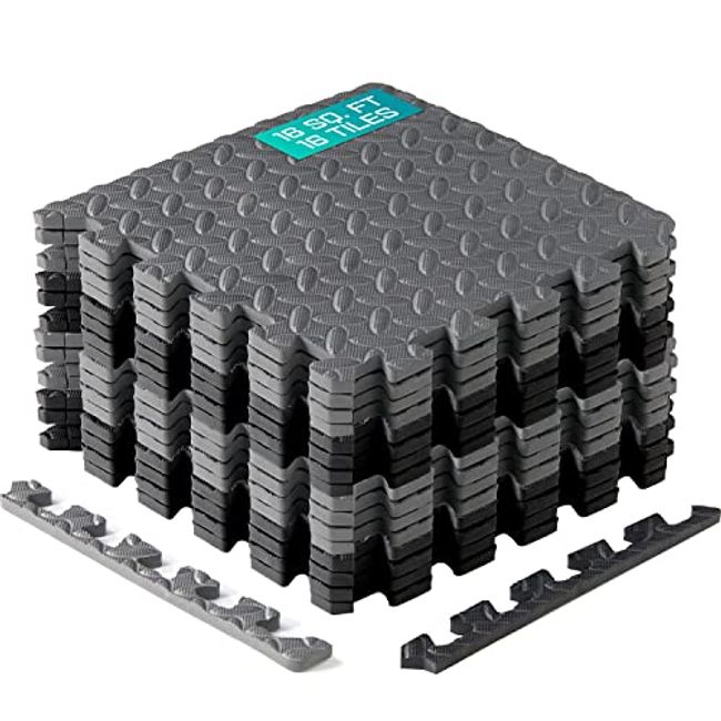 Yes4all Interlocking Exercise Foam Mats A. 24 Square Feet (6 Tiles) - Black