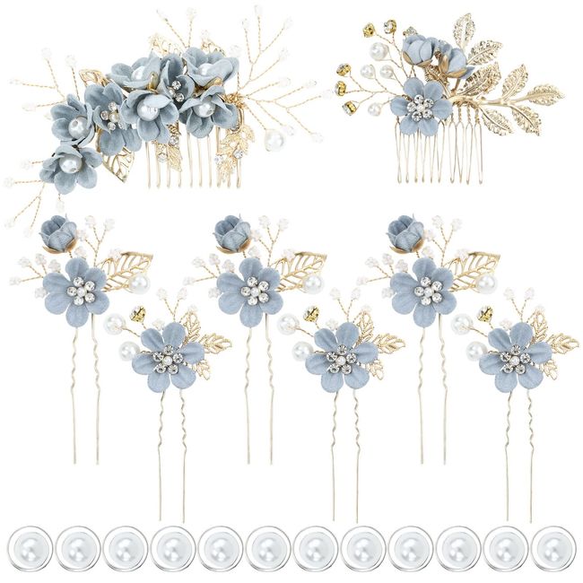 inSowni 20 Pack Classy Dusty Blue Flower Bridal Wedding Hair Side Combs+Floral Hair Pins+Twist Spiral Pearl Hair Pins Clips Pieces Formal Prom Headpieces Accessories for Brides Bridesmaids Women Girls