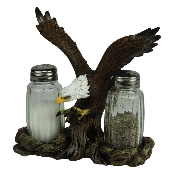 Rivers Edge Products Salt and Pepper Shakers Set, Unique Poly Resin and Glass Spice Dispenser, Novelty Kitchen Counter Decor, Eagle