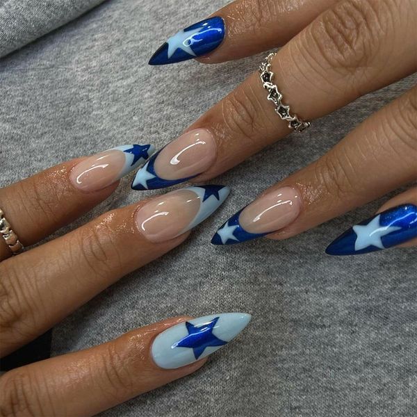 24pcs Medium Almond False Nails French Tip Stick on Nails Blue Star Press on Nails Fake Nails Removable Glue-on Acrylic Full Cover Nails Women Girls Nail Art Accessories