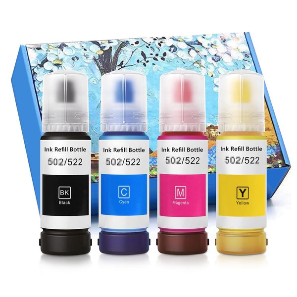 Ink Bottle KIT Compatiable with Epson 502 522 Refill Ink Bottle for Epson Supertank ET-2800 ET-4700 ET-4800 ET-2710 ET-2720, ET-2803 Printer BK Cyan, Magenta, Yellow Ink Refill 4 Packs