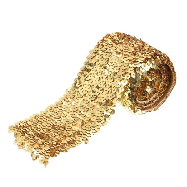 sourcing map 2.2 Yards 3 Inch Elastic Sequins Trim 5 Row Flat Sequin Strip Paillette Sequins Fabric Ribbon for Crafts DIY Sequin Fringe Sewing Gold