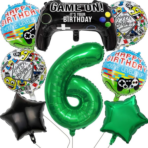 Video Game Party Balloons Supplies Include Huge Controller Balloons 32 inch Number 6 Foil Balloon Round Gaming Balloons Star Foil Balloons for Kids Boys 6th Birthday Decorations