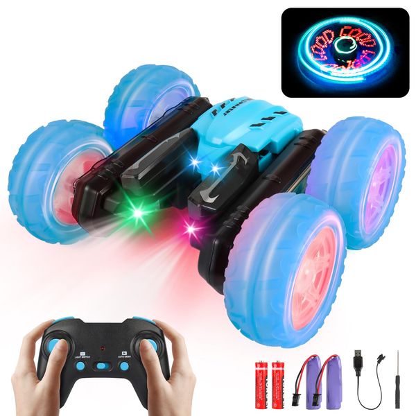 Deeak Remote Control Car - Upgraded RC Stunt Cars Toys with Cool Font Lights, Double Sided 360°Rotating 4WD Drift Car with Headlights Wheel Light for Ages 6-12 Kids Birthday Idea Toy for Boys Girls