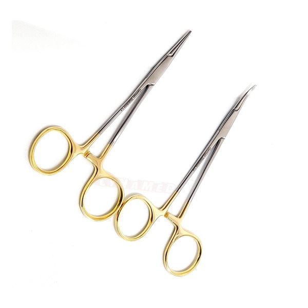 Premium German Stainless- Set of 2 PCS Gold Handle Mosquito Locking HEMOSTAT Forceps Straight + Curved 5"-Cynamed