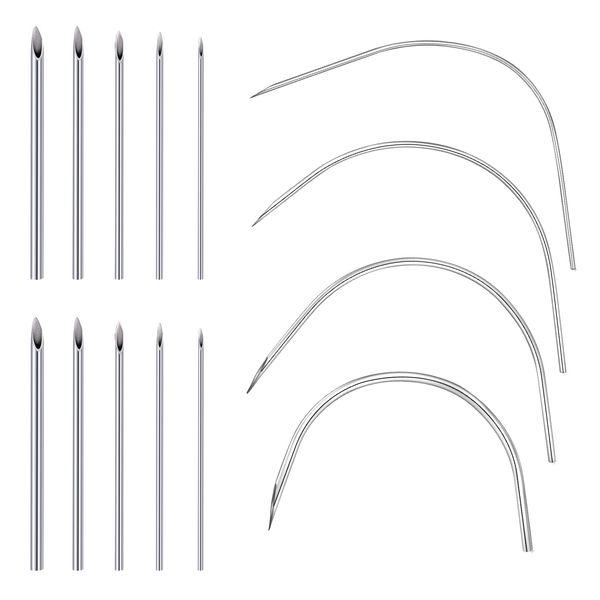 JIESIBAO 14PCS Mixed Body Piercing Needles,Stainless Steel 12G 14G 16G 18G 20G Disposable Piercing Needles for Ear Nose Belly Nipple Lip Tongue Cheek Piercing（Curved, Straight)