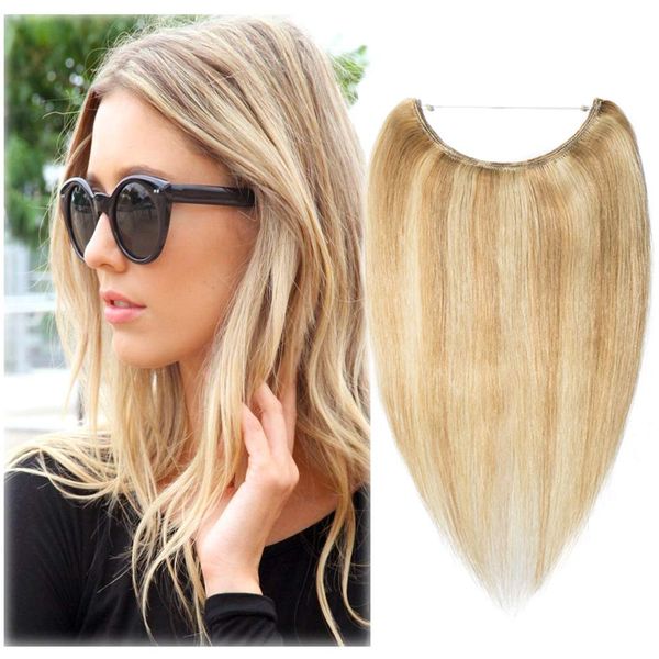 16-22inch Hidden Wire Hair Extensions Highlighted Human Hair Crown in Hairpiece Secret Translucent Fish Line without Clip Miracle Headband - 18" Light Ash Blonde&Bleach Blonde 18&613#