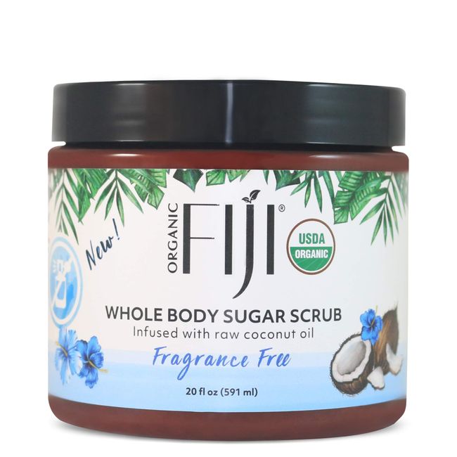 Organic Fiji Whole Body Scrub - Infused with Coconut Oil, Exfoliating Sugar Scrub for Smooth and Soft Skin, Exfoliates & Restores Skin's Natural Biosphere, Fragrance Free 20 oz