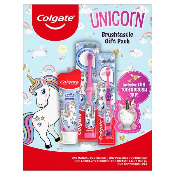 Colgate Kids Toothbrush Set with Toothpaste, Unicorn Gift Set with 1 Manual Toothbrush, 1 Battery-Powered Toothbrush, 1 Kids Fluoride Toothpaste, and 1 Toothbrush Cover