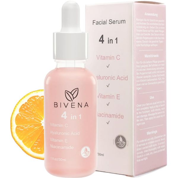 Bivena Vitamin C Serum Gesicht - Gesichtsserum mit Hyaluron Serum hochdosiert, Vitamin E Öl, Niacinamide Serum - Hochkonzentriert, Anti Falten/Anti Aging für jeden Hauttyp - Dermaroller geeignet