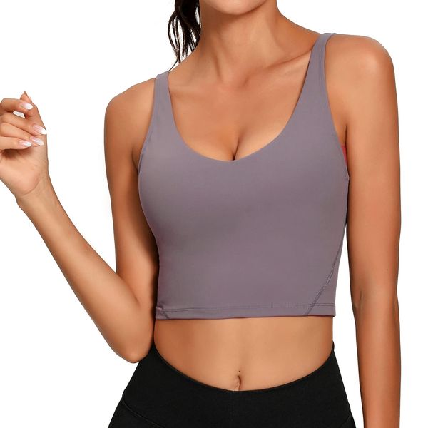 Lemedy Sport-BH für Damen, lang, bauchfrei, gepolstert, für Workout, Laufen, Yoga, Lavendelgrau, L
