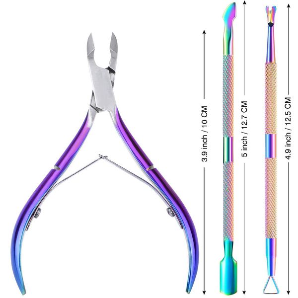 Cuticle Nippers with Cuticle Pusher -Stainless Steel Chameleon Cuticle Cutter Cuticle Clippers Scissors Cuticle Remover for Manicure and Pedicure - Colorful(3pcs)