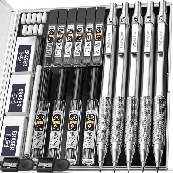 Nicpro 22PCS Metal Mechanical Pencils Set in Case, Art Drafting Pencil 0.5, 0.7, 0.9 mm & 2 PCS 2mm Graphite Lead Holder(4B 2B HB 2H) for Drawing Writing Sketching With 10 Tube Lead Refills Erasers